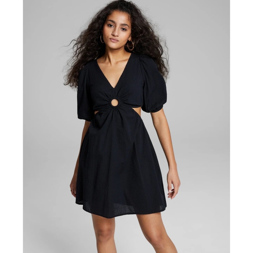 And‎ Now This Black Puff Sleeve Cutout Mini Dress L 100% Cotton Y2K Resort Vibes